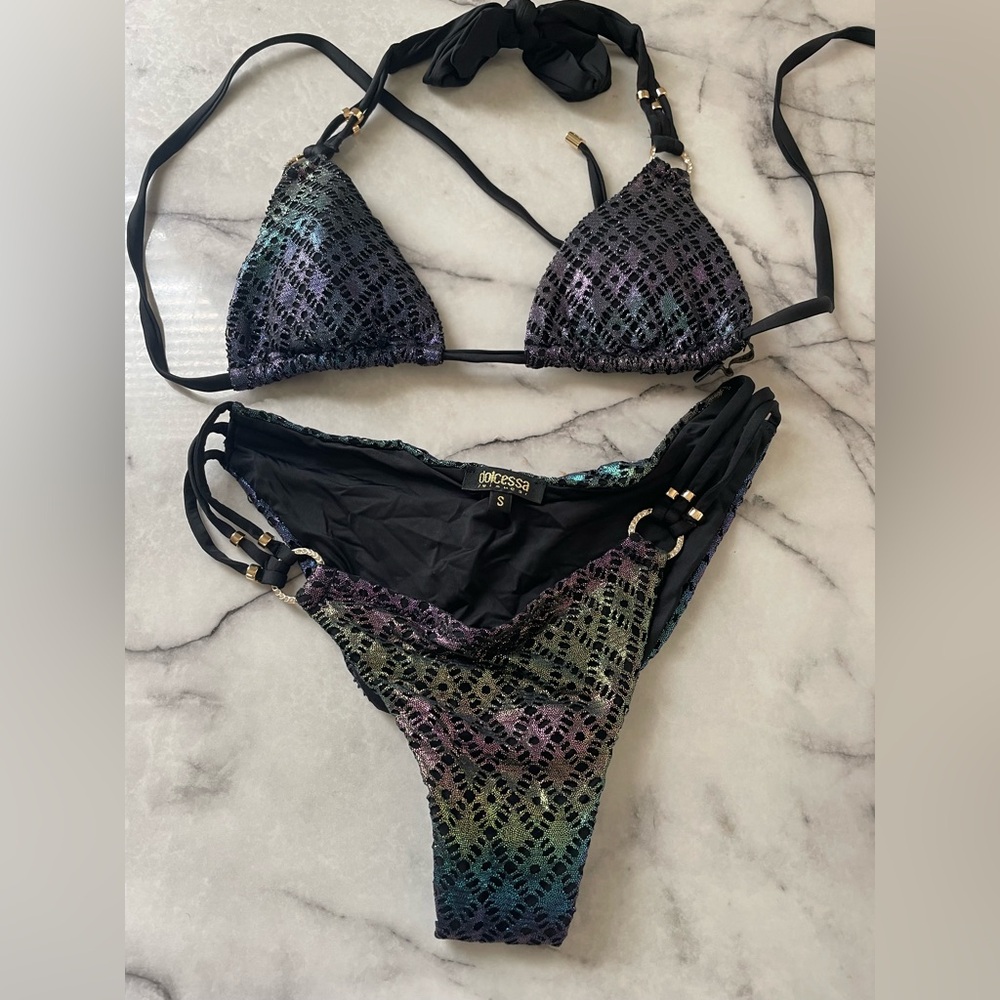 Black and Multicolor Bikini Set by Dolcessa top and bottom are a small